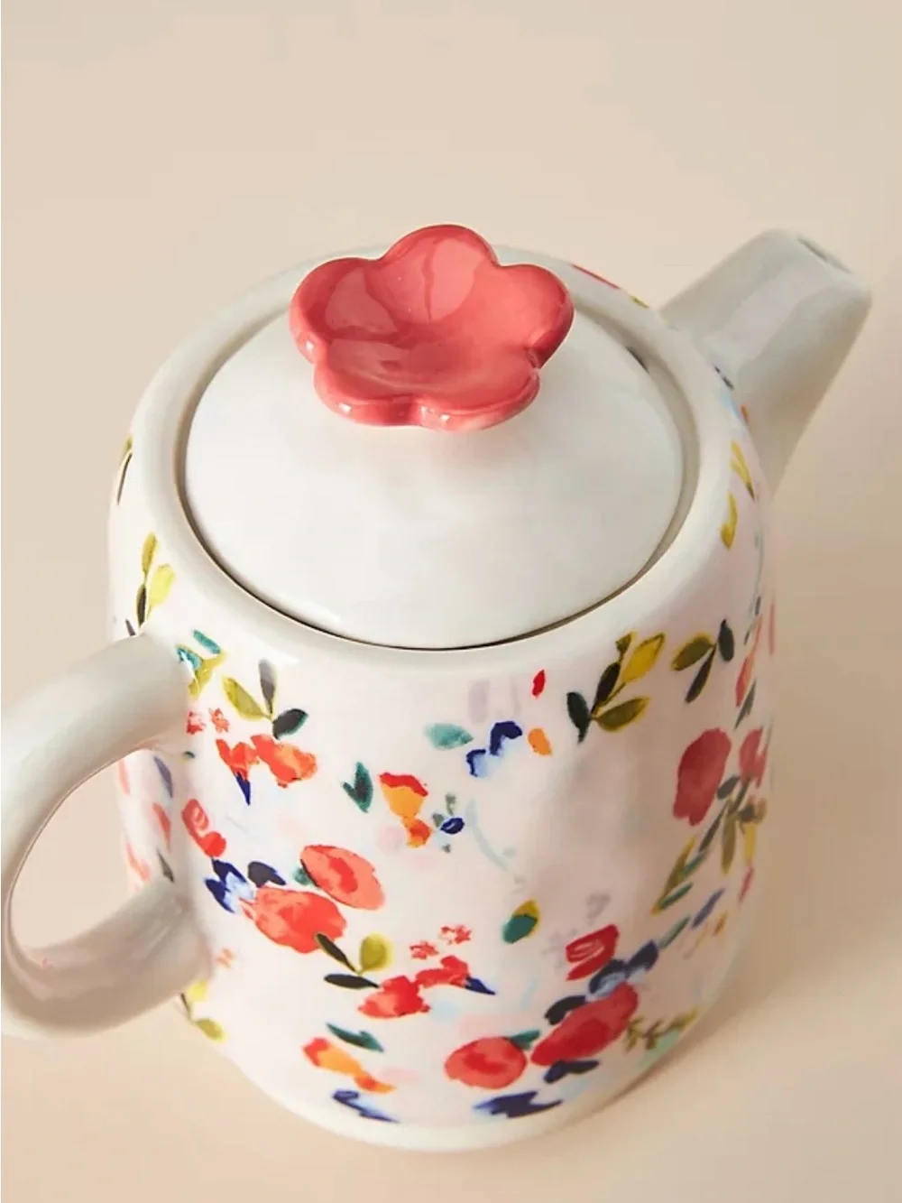 Anthropologie Luna Tea for One Ceramic Teapot with Pink Flower Lid Knob